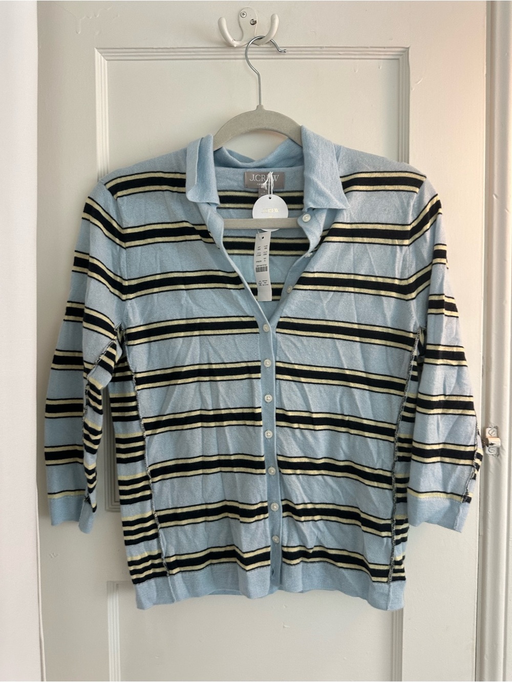 J. Crew Cashmere Light Blue Striped Button-Front Cardigan